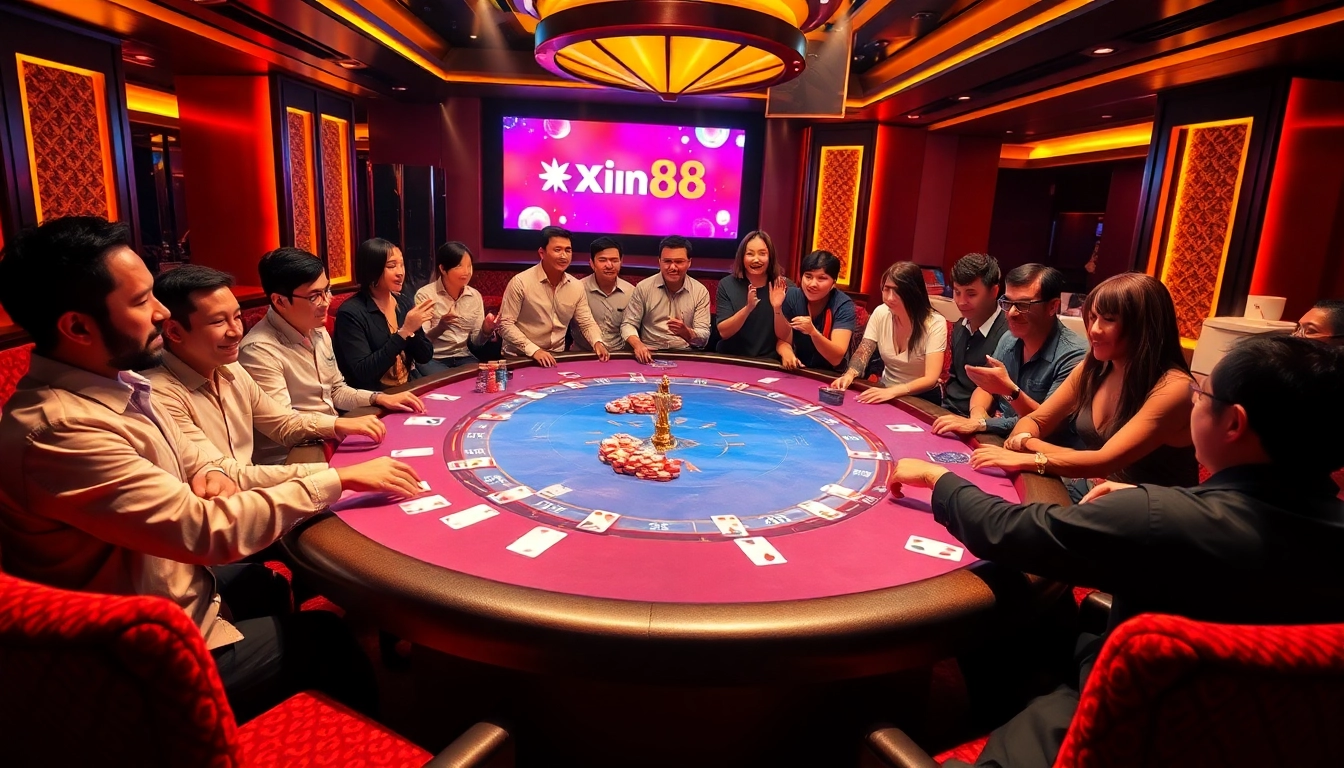 Players engaging in high-stakes poker at a luxurious xin88 casino table with vibrant chips.