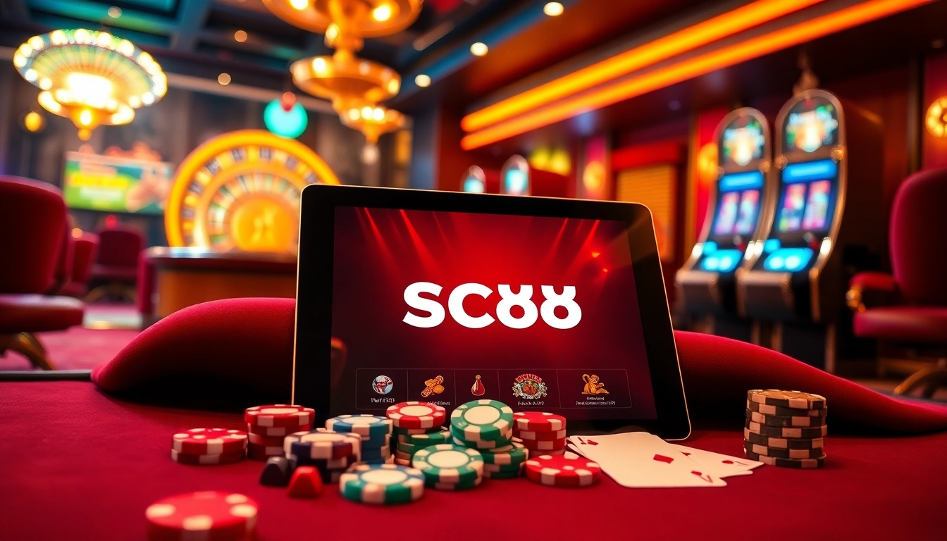 Experience SC88 online gaming with vibrant casino tables and sleek devices in a luxurious setting.