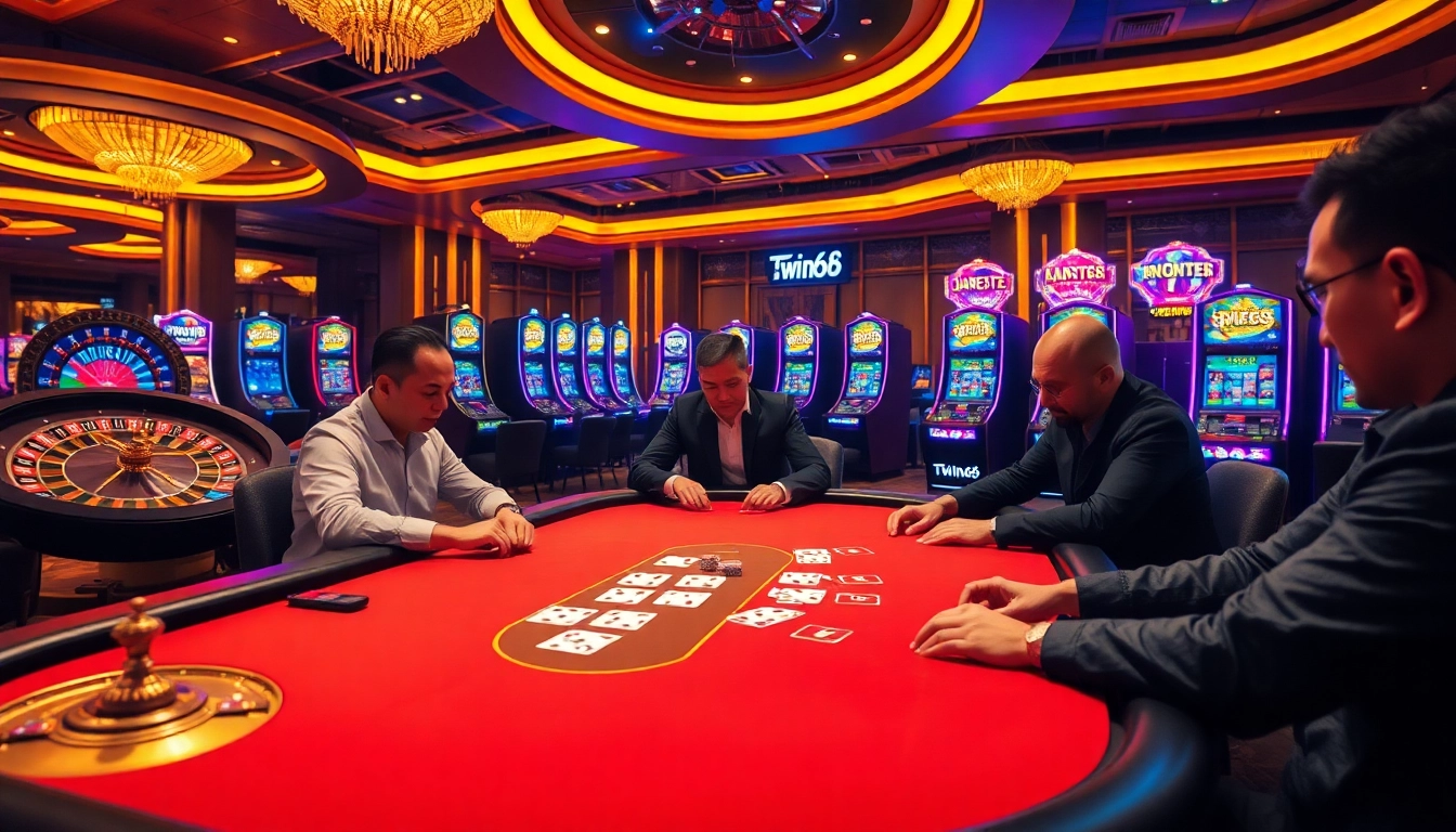 Twin68 online gaming ambiance featuring poker tables, roulette wheels, and vibrant slot machines.