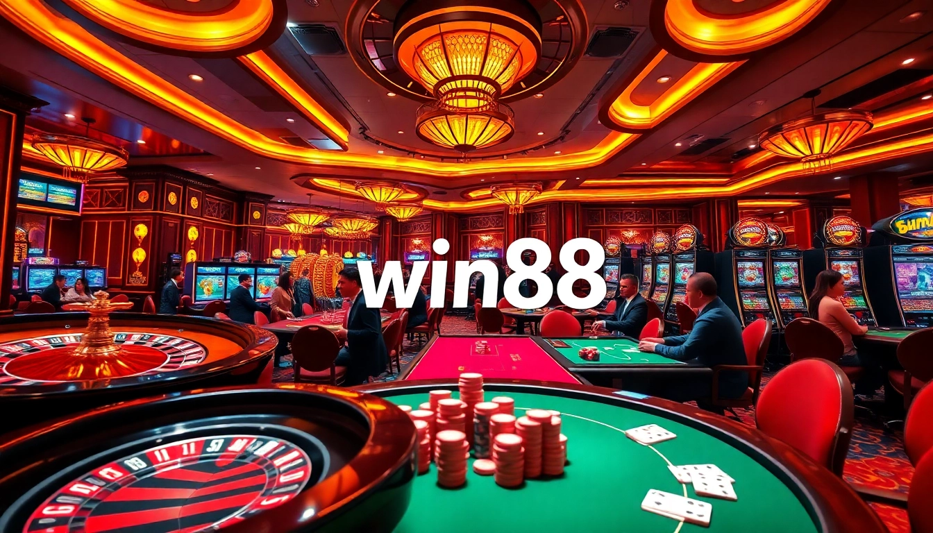 Experience the excitement of win88 with players enjoying roulette and poker in a luxurious casino.