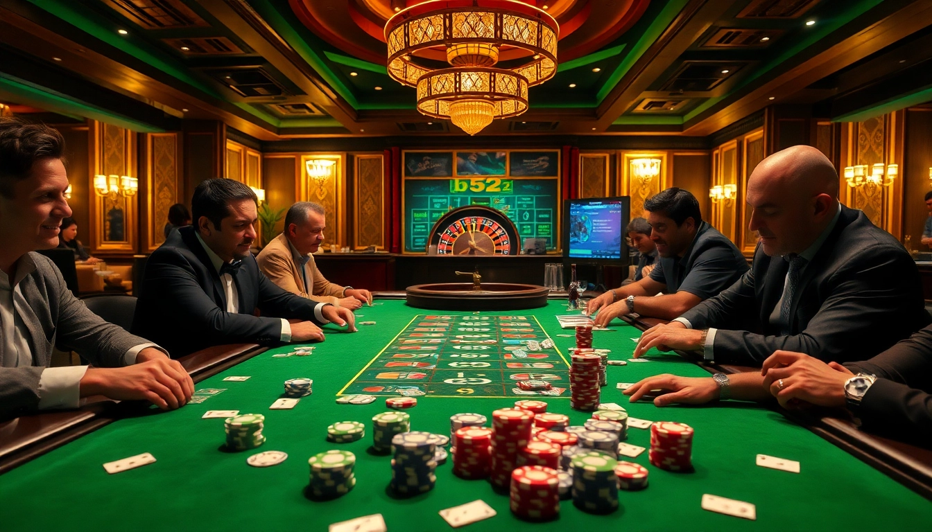 Experience the thrilling b52 casino gaming action with poker chips and cards.
