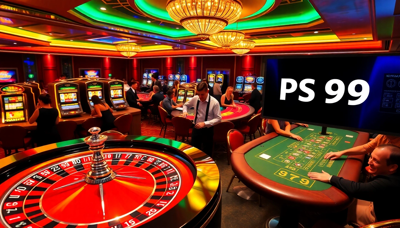 Engaging casino scene with PS99 betting tables and vibrant slot machines.