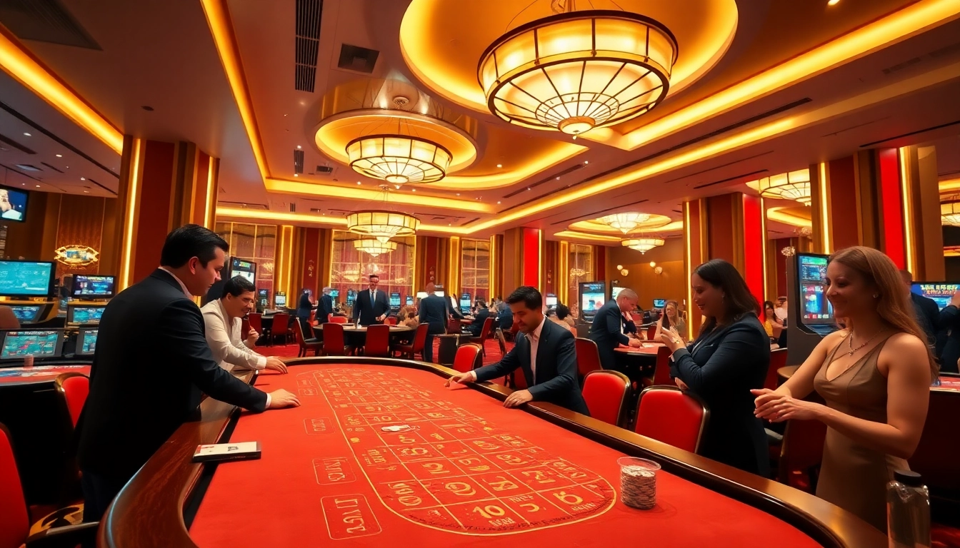 Experience the thrilling ambiance of w88.nyc's modern casino with players and dealers.