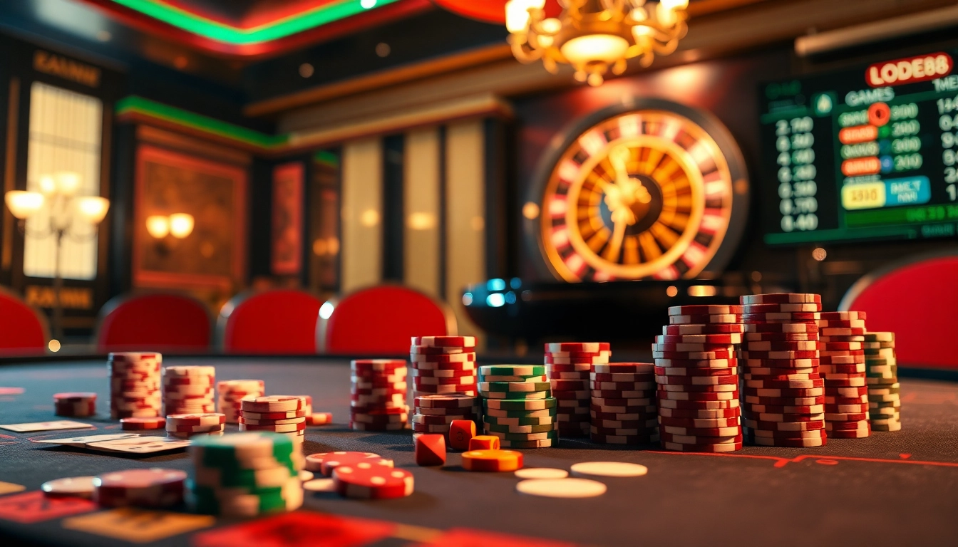 Experience high-stakes gaming at Lode88, featuring vibrant casino elements and professional ambiance.