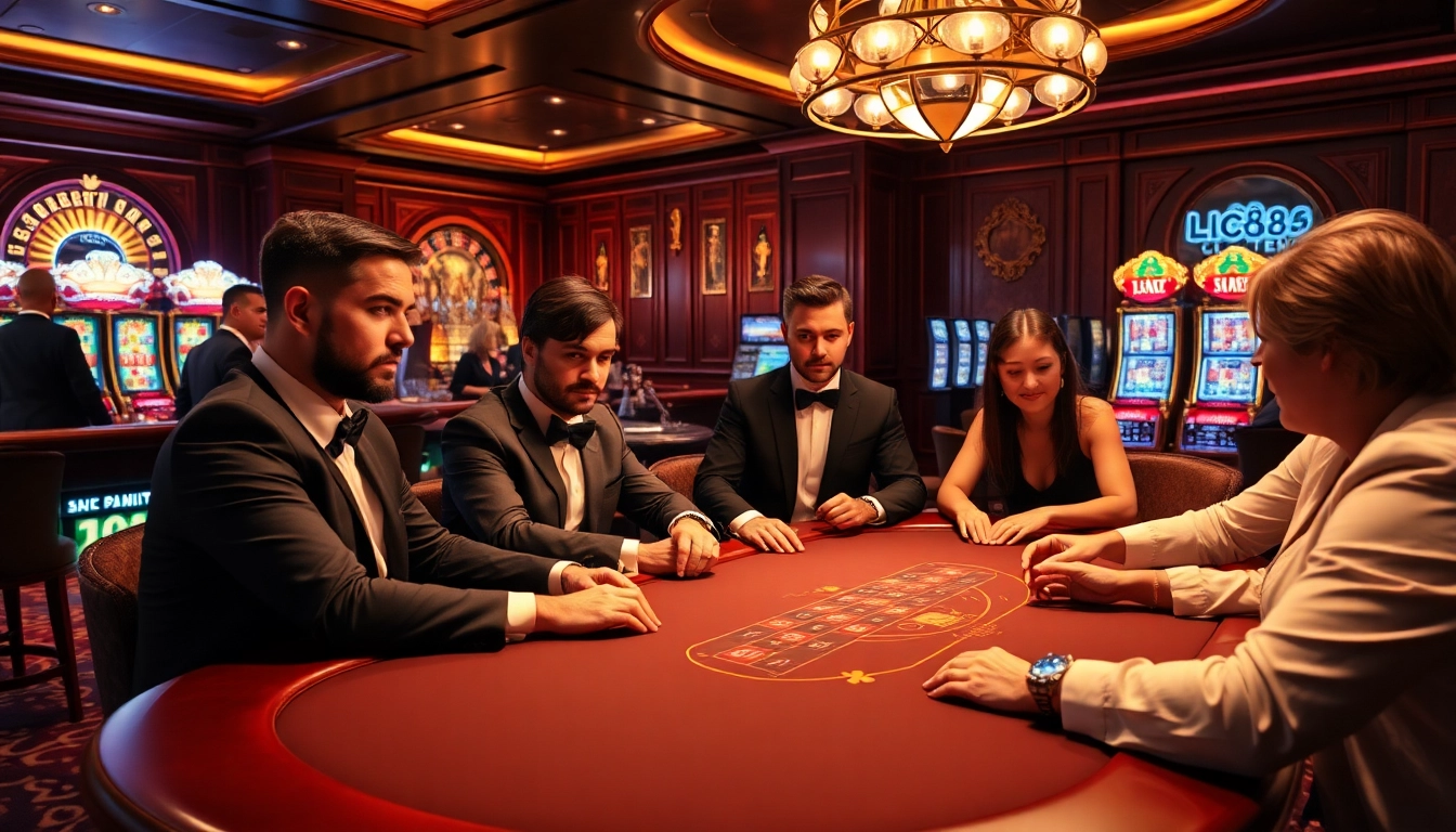 Players enjoying a high-stakes game at LC88 casino, showcasing excitement and professionalism.