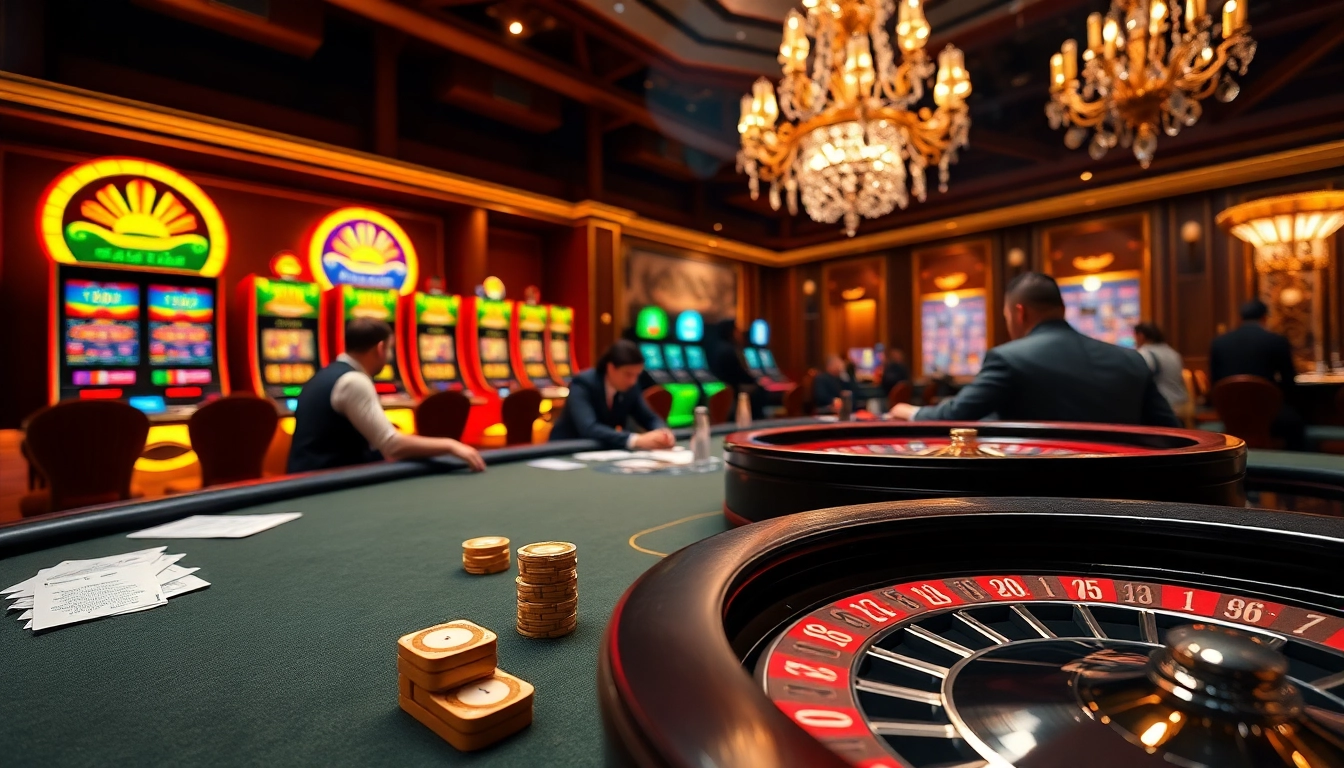 Engaging scene showcasing UU88 casino excitement with poker tables, slot machines, and roulette wheels.
