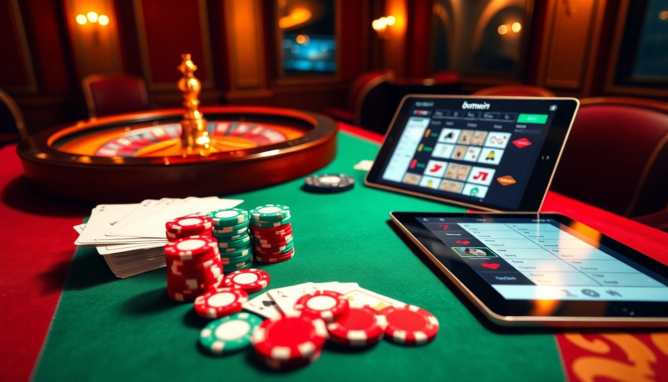 Experience the thrill of gambling with bomwin at an upscale poker table filled with vibrant chips and cards.