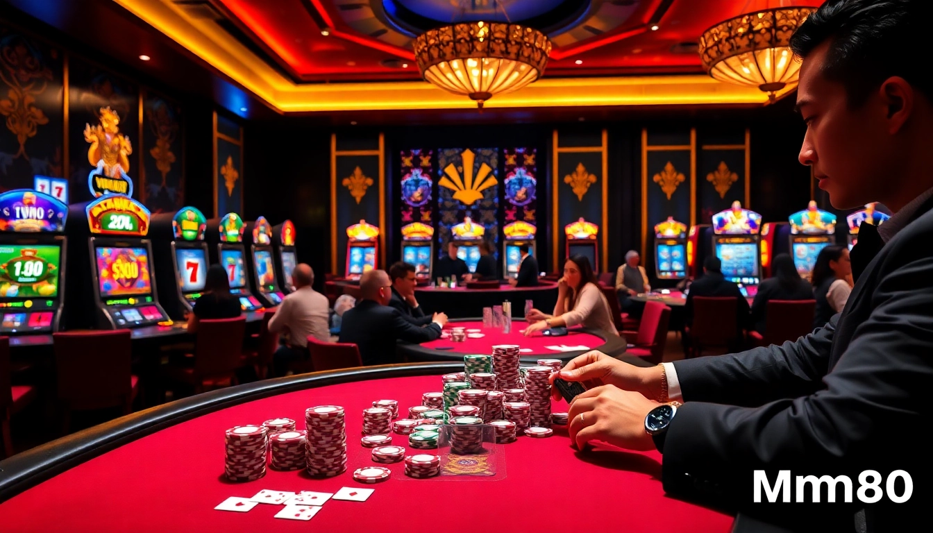 Exciting casino scene with players and poker chips, highlighting Mm88 in action.