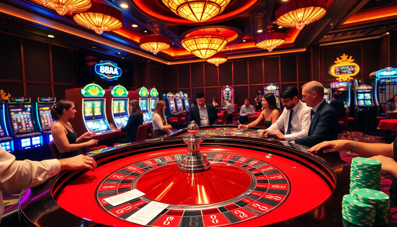 Players strategizing at the luxurious casino table featuring 88aa-themed poker chips and slot machines.
