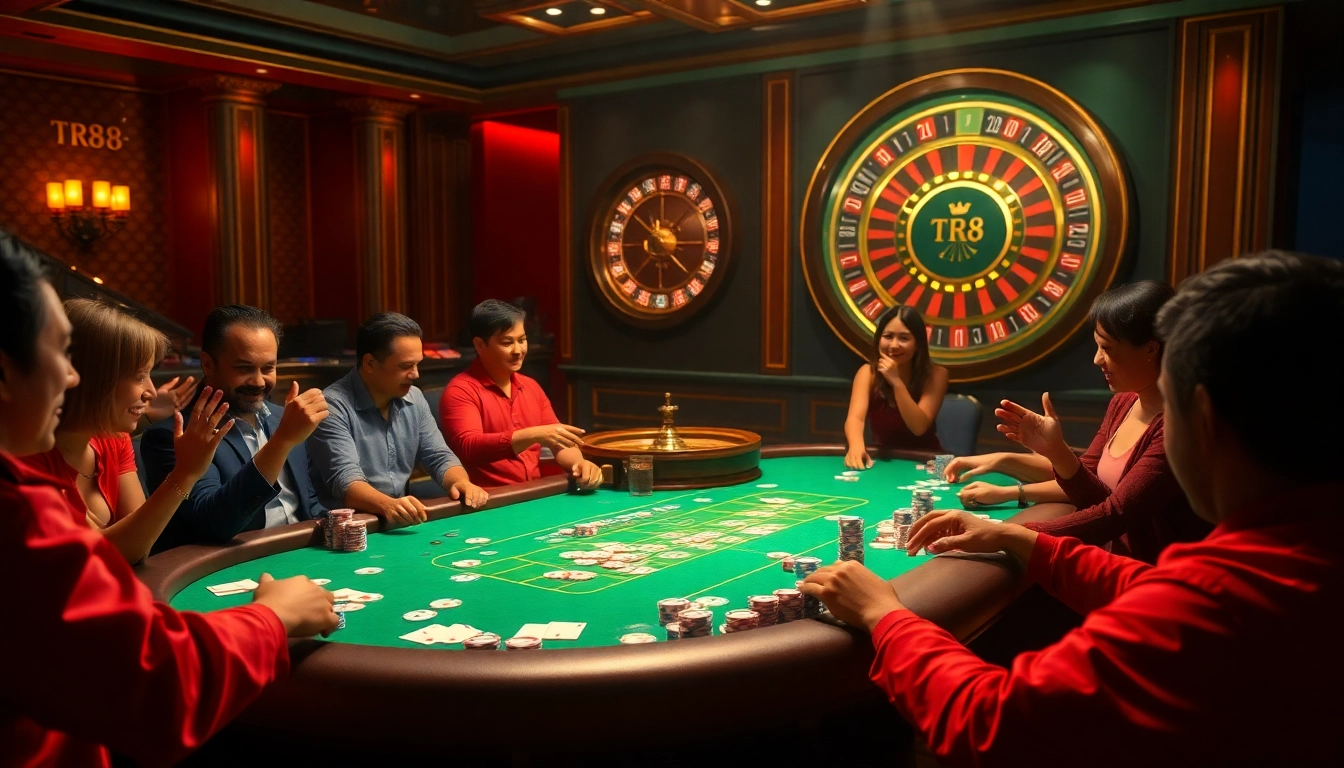 Players enjoying a thrilling game of poker at a luxurious casino, embodying the excitement of TR88.