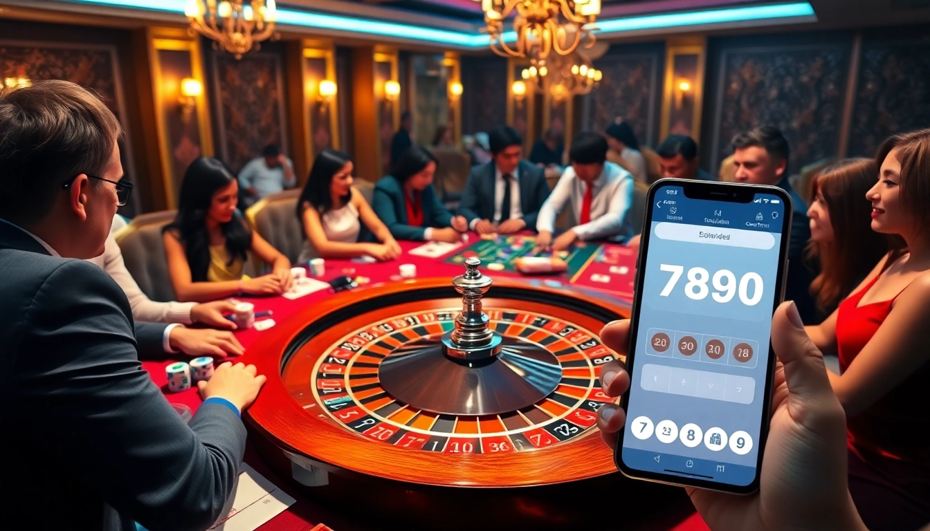 An immersive gambling scene featuring players at a casino table with 789win chips and cards, showcasing excitement in gaming.