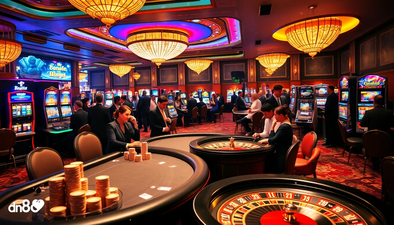 Gambling excitement at dn88 casino with vibrant gaming tables, slot machines, and energetic players