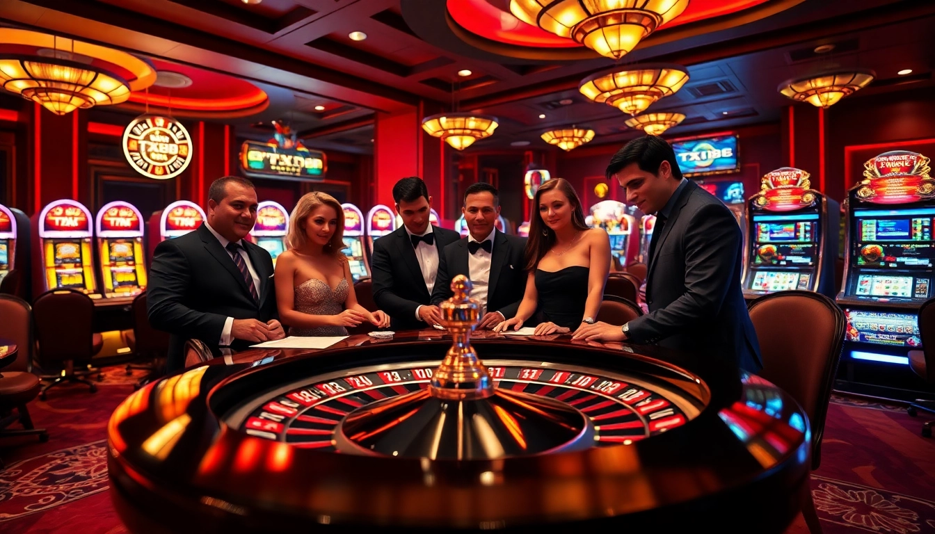 TX88 players engaging at a luxurious casino poker table, showcasing vibrant gambling excitement.