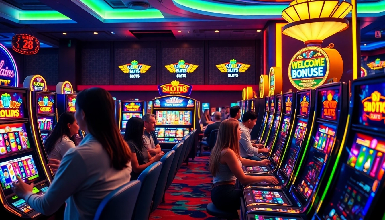 SLOTS8 machines lighting up the casino floor with excited players enjoying their games.