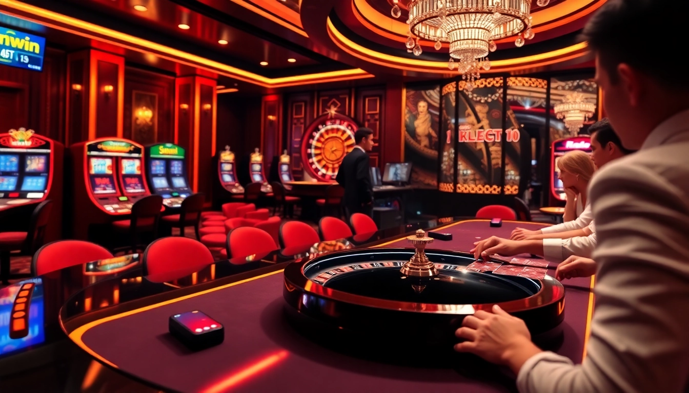 Players enjoying a thrilling poker game at a sunwin casino with vibrant ambiance.