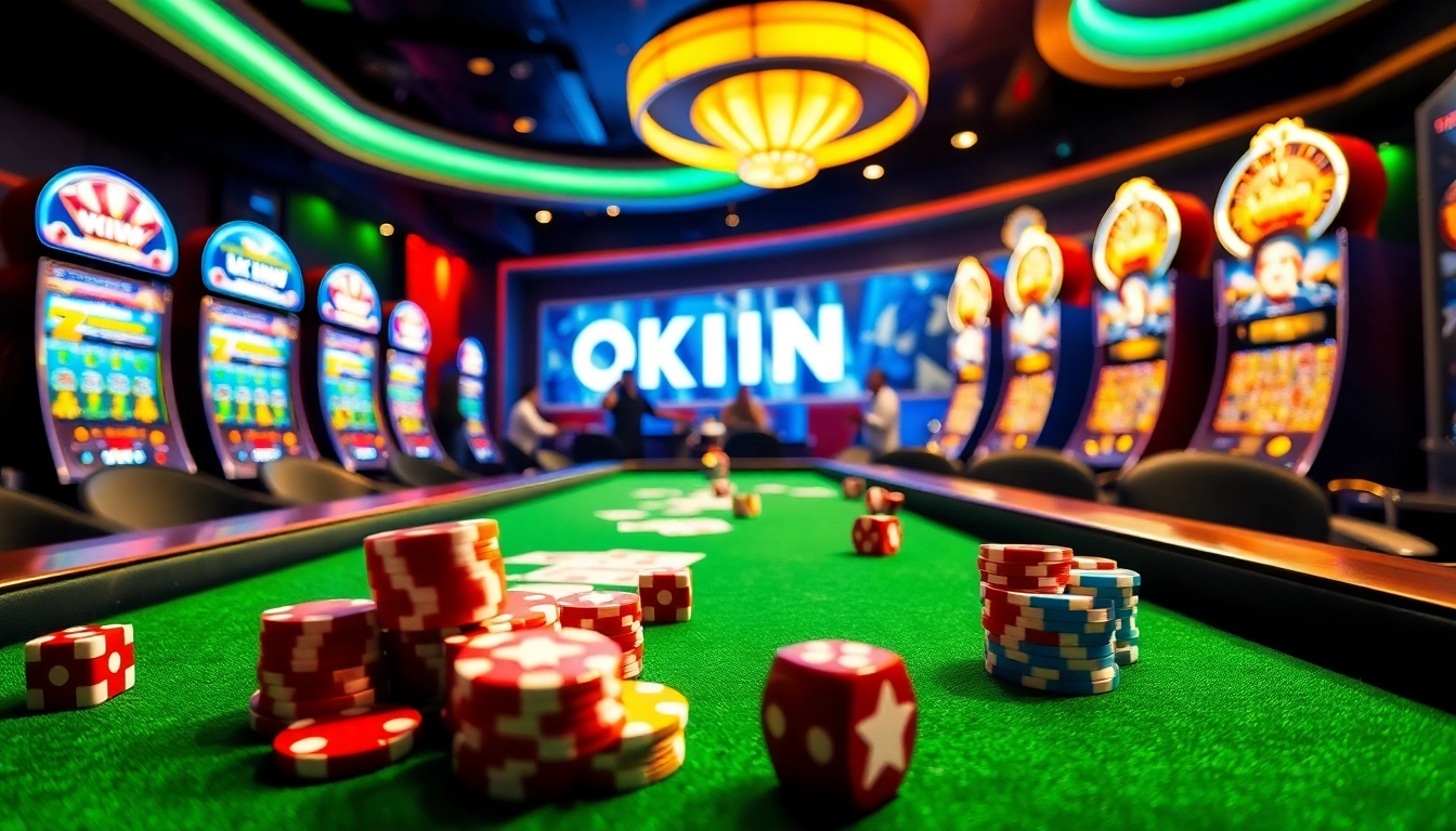 Experience excitement at OKKING with vibrant casino tables and colorful gaming elements.