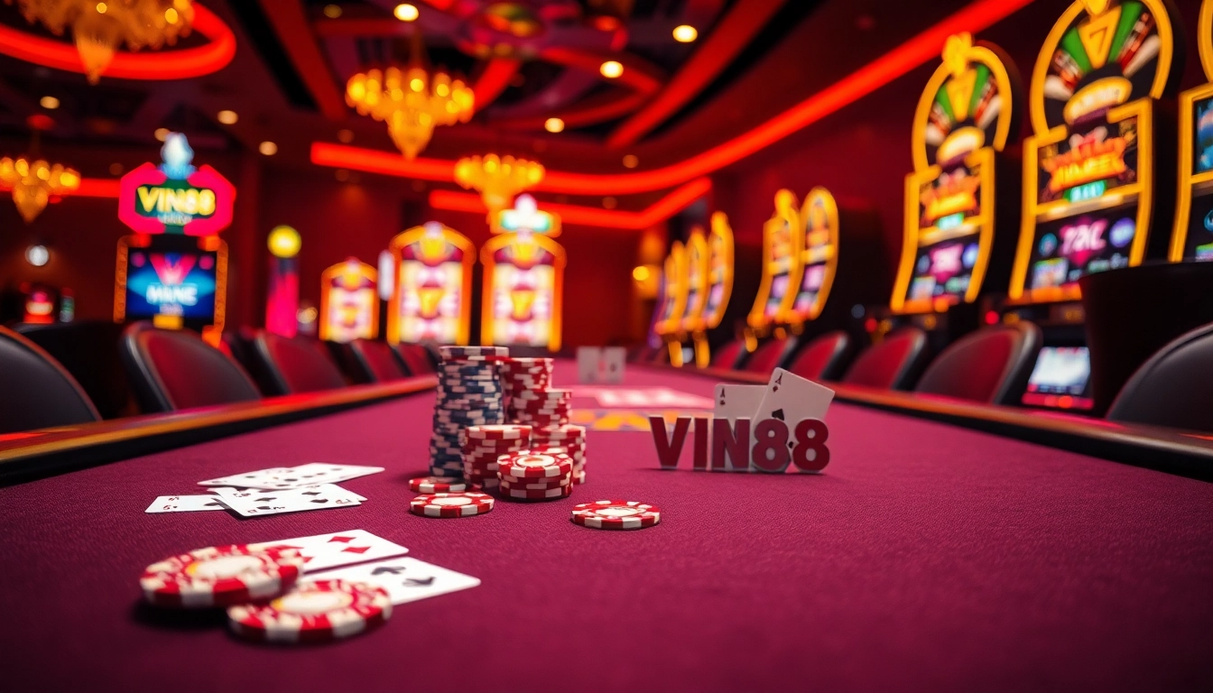 Experience the thrill of gambling at VIN88 with vibrant poker tables and dazzling slot machines.