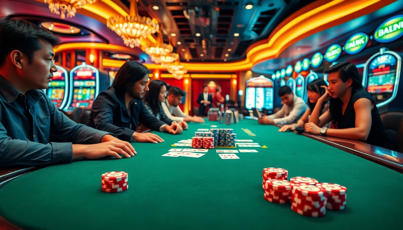 KJC-branded poker chips being played in an exciting casino environment with players engaged.