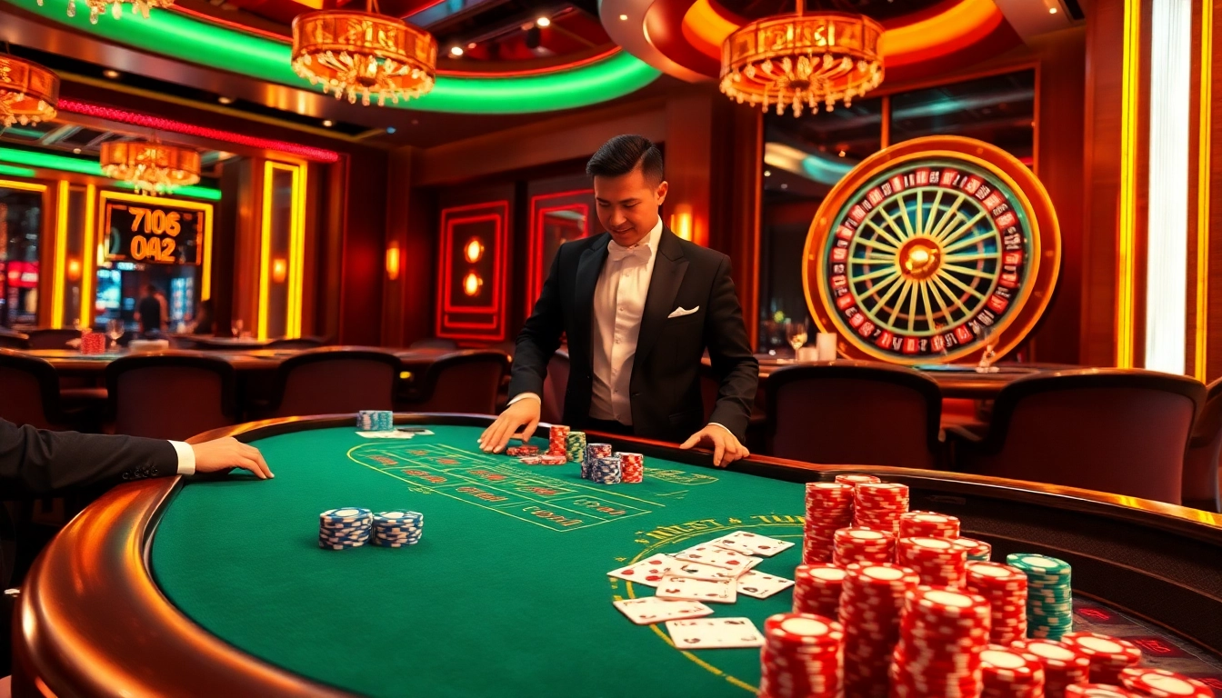 Exciting gambling scene at xin88 featuring colorful chips, cards, and a roulette wheel.