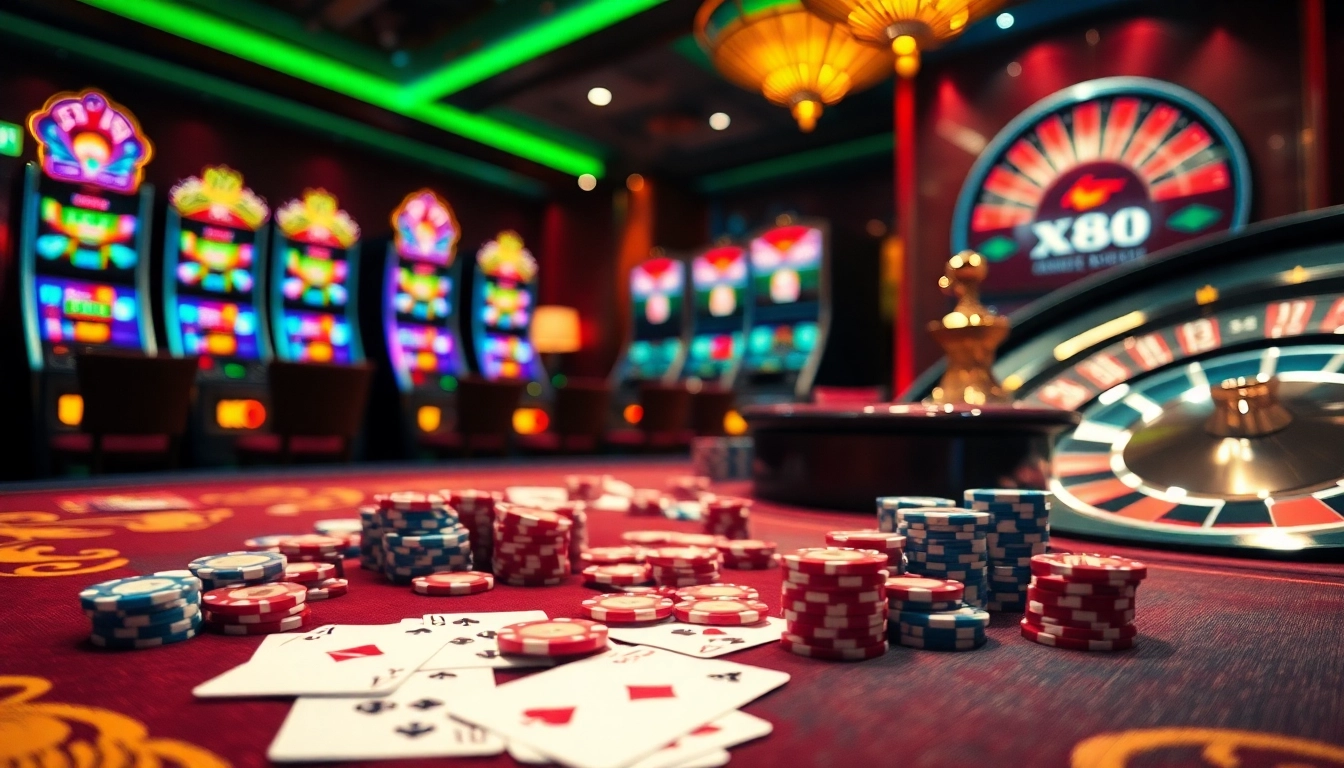 Experience thrilling gameplay at X88 with vibrant poker chips and a spinning roulette wheel.