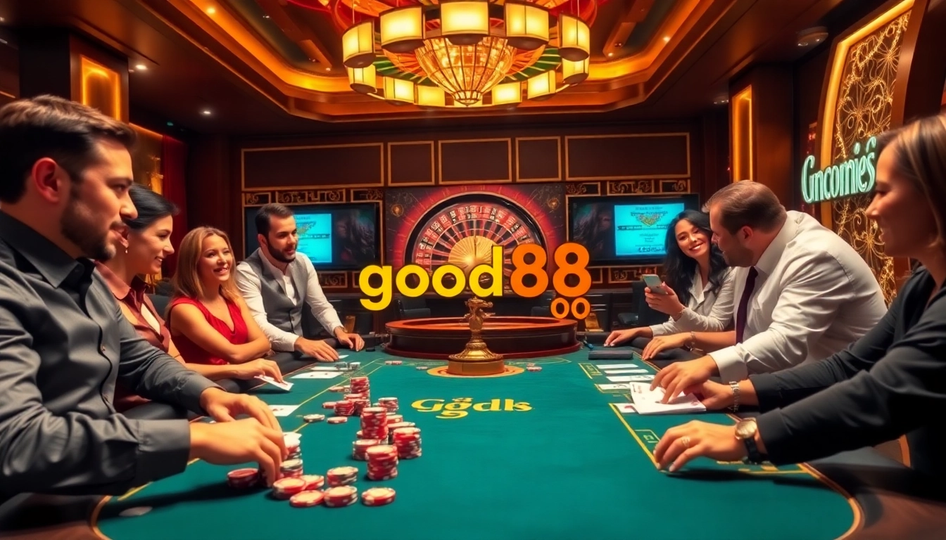 Experience the thrill of good88 in a high-stakes poker game with colorful chips and cards.