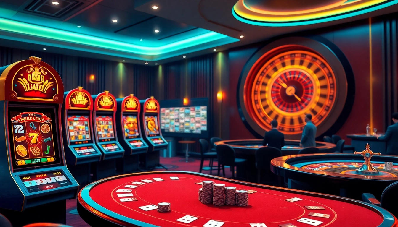 Engaging NOHU90 online casino scene with spinning slots and poker tables.