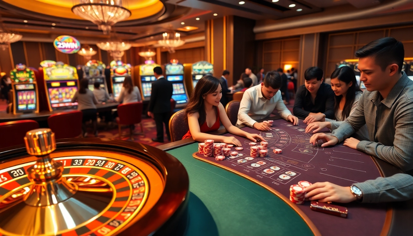 Experience excitement at https://23win1.it.com with players enjoying poker and roulette in a vibrant casino setting.