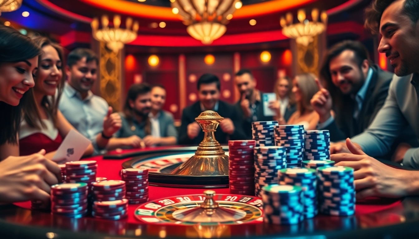 Exciting casino table action featuring HM88 poker chips and vibrant roulette wheel.