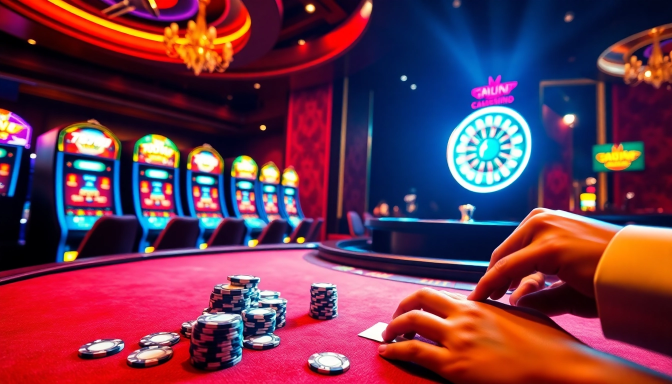 Exciting casino scene with slot machines and roulette, showcasing 789win amidst vibrant gambling activity.
