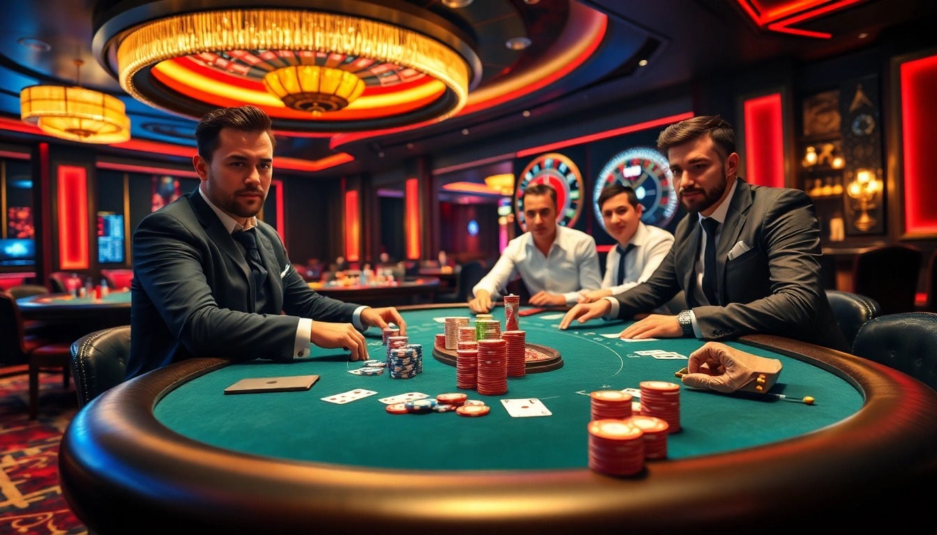 Engaging scene of TK88 poker players at a luxury casino table, showcasing high-stakes action and vibrant game atmosphere.