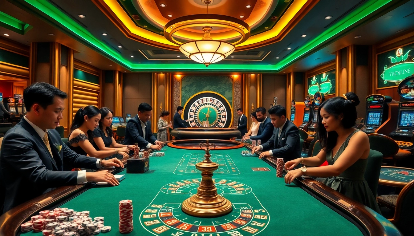 Experience the excitement at Luckywin with players enjoying casino games under stunning lights.