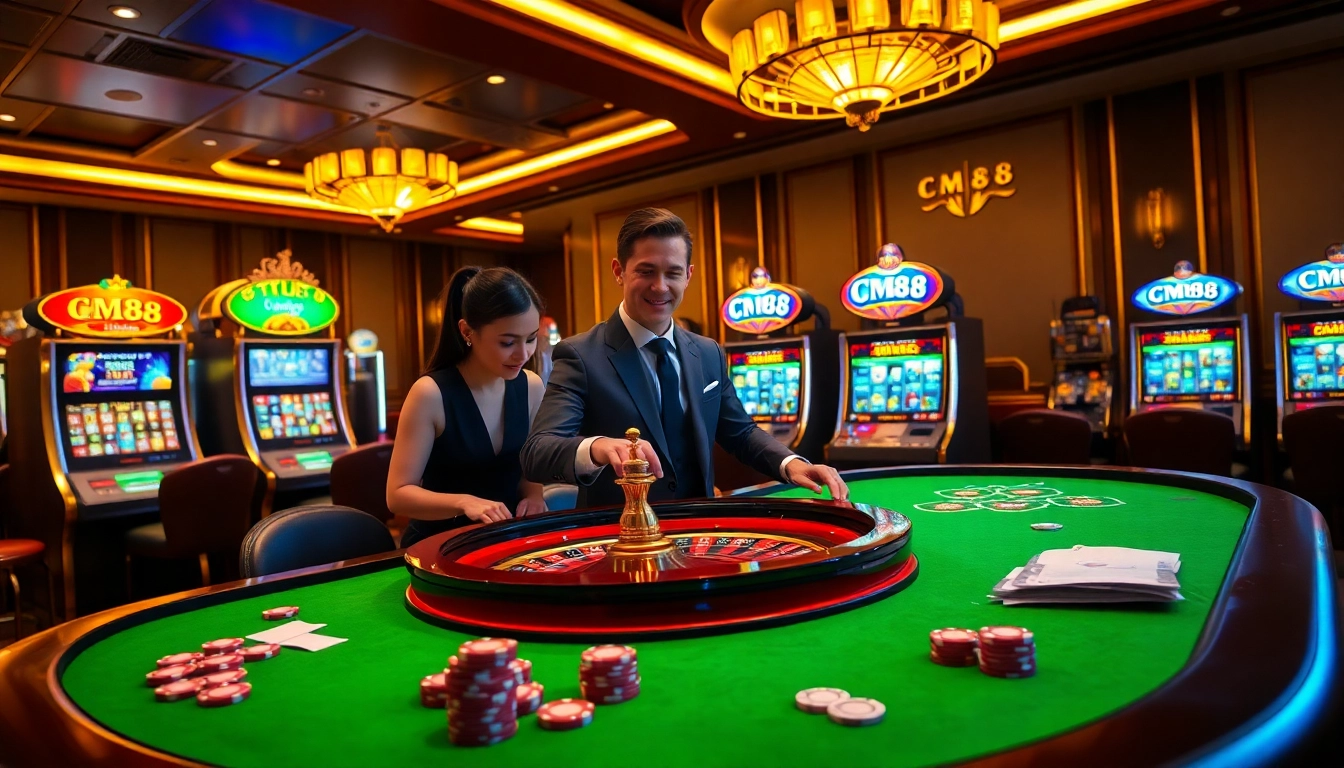 Experience thrilling gameplay at a luxurious casino table featuring CM88 poker chips and vibrant slot machines.