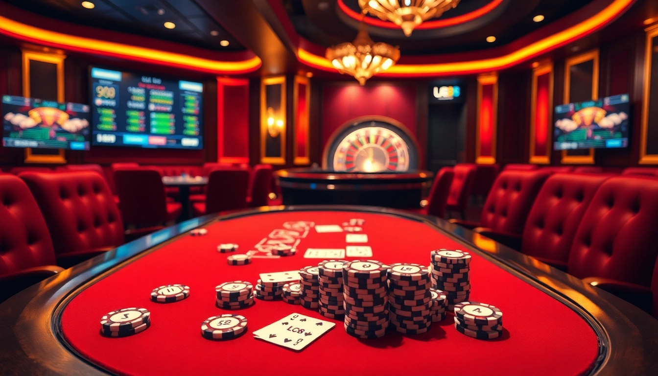 Engaging LC88 poker table with high-stakes chips and themed cards in a luxurious casino.