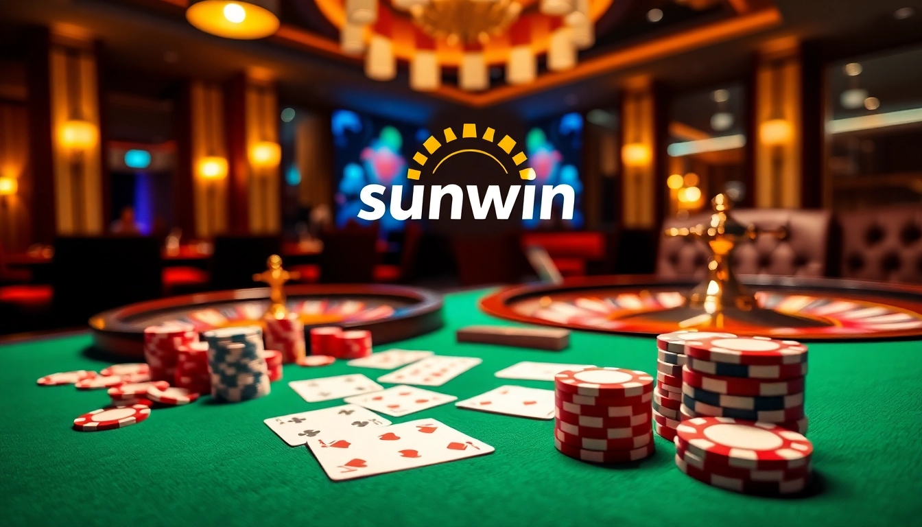 Exciting gameplay at nhà cái sunwin casino with vibrant poker chips and cards on a table.