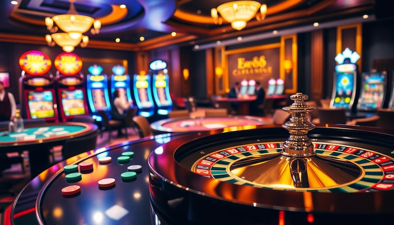 Experience the thrill of EE88 at a luxurious casino with vibrant tables and energetic players.