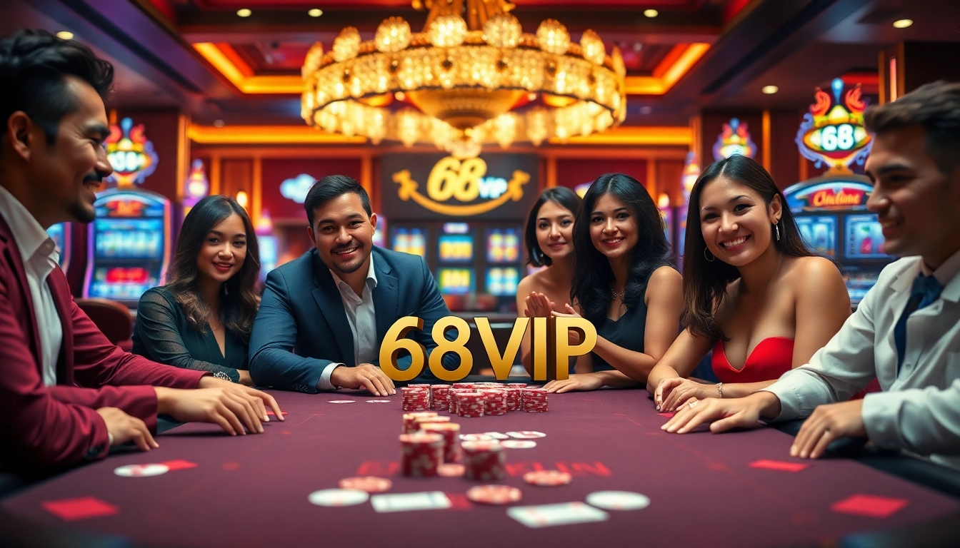 Engage with the dynamic gameplay experience at 68VIP Casino, featuring vibrant poker chips and luxury interiors.