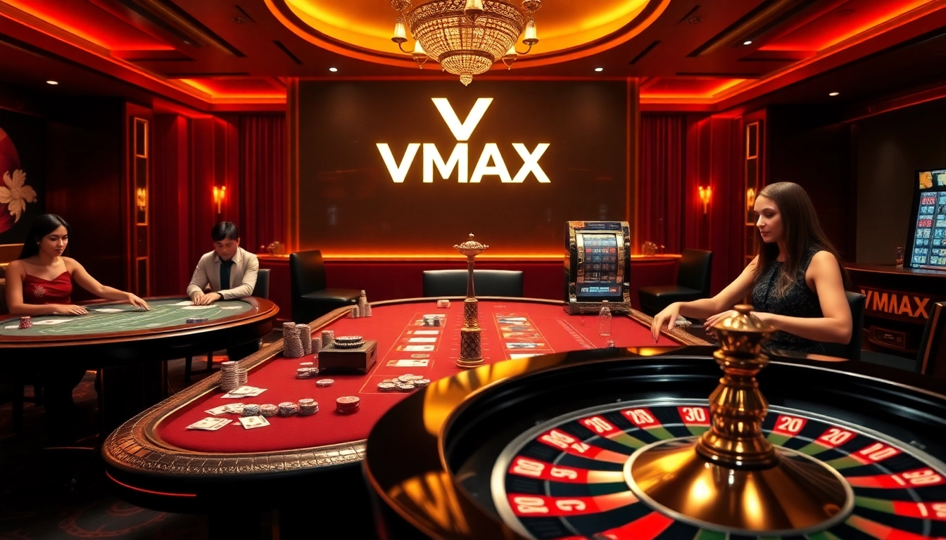 Engaged gamblers enjoying a thrilling VMAX online casino experience with high-stakes tables.