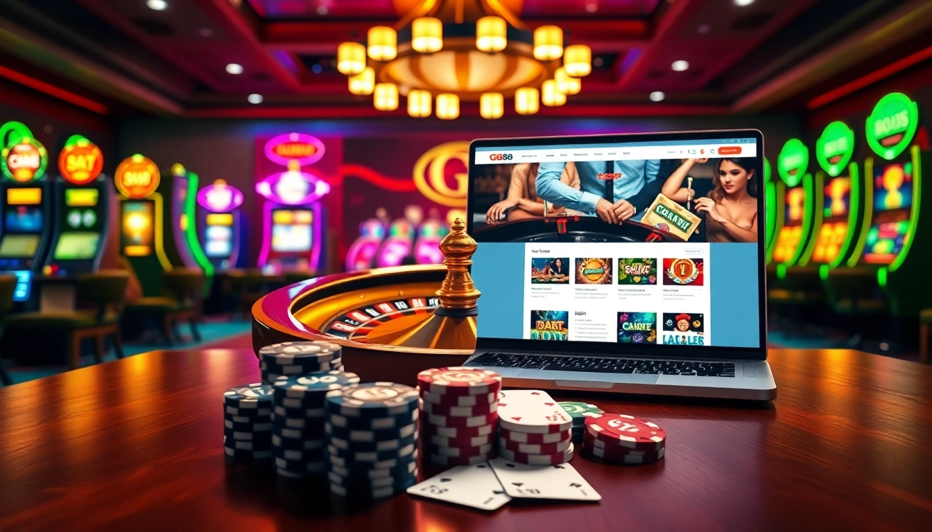 Experience the excitement of GG88 with vibrant casino visuals highlighting gaming action and sleek design.