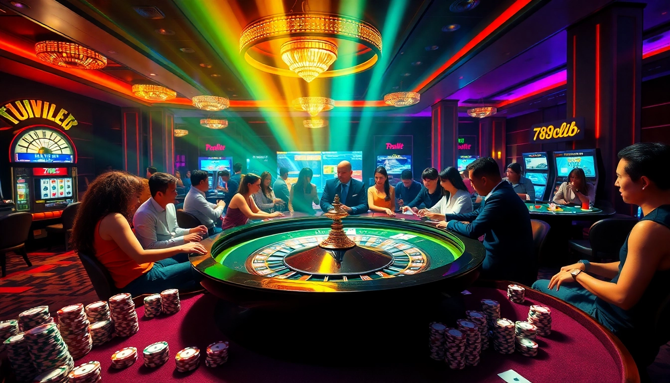 Players engaging in thrilling casino games at 789club, with vibrant tables and excitement.