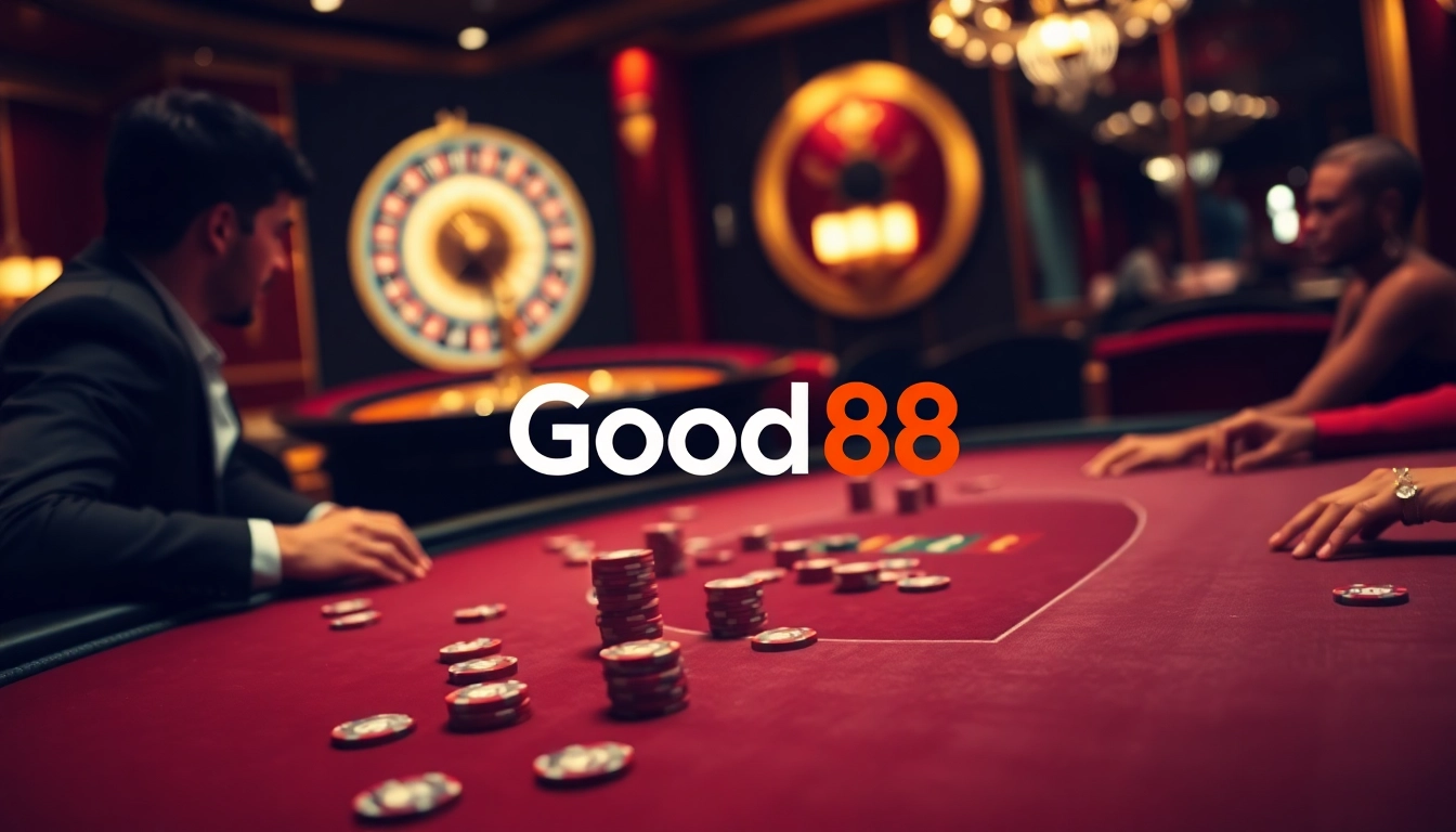 Good88 poker table scene with players and a spinning roulette wheel in a luxury casino.