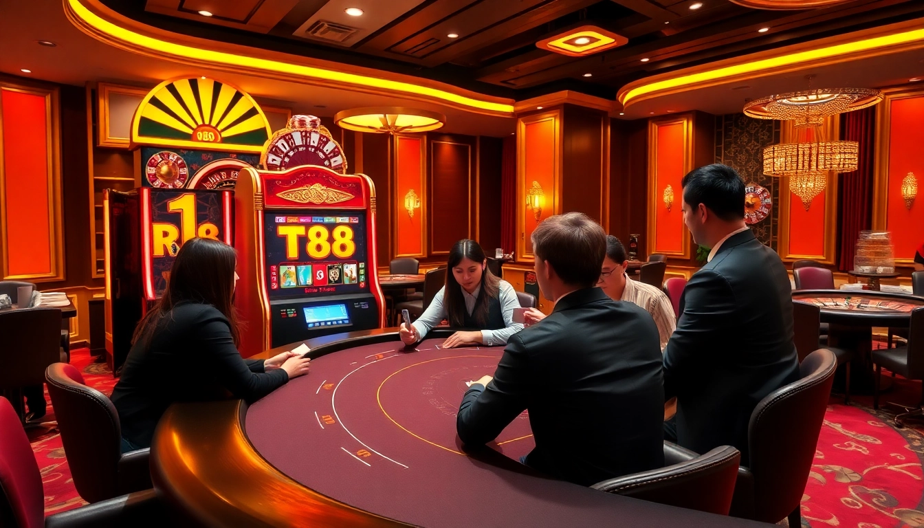 Exciting TR88 casino game scene with vibrant slot machines and dealers engaging players.