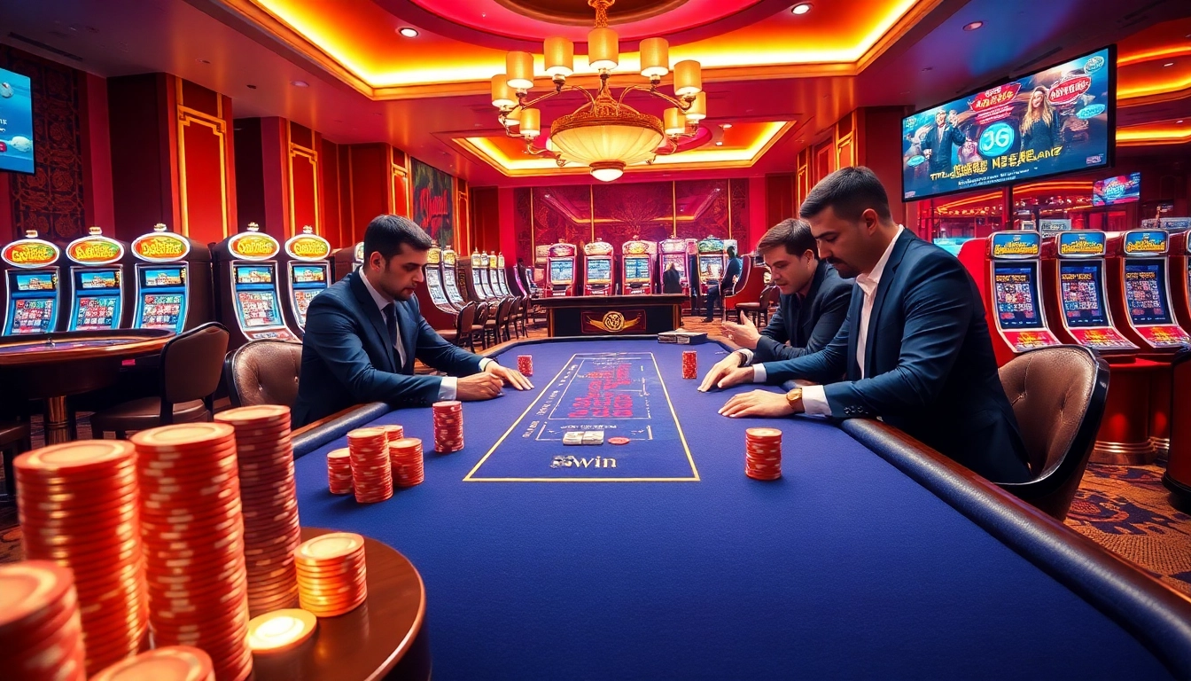 Elegant casino scene at 58win showcasing a poker table with players, chips, and slot machines.