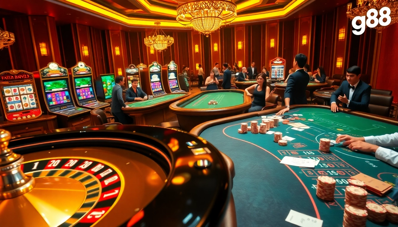 Experience thrilling casino action with g88 poker chips, roulette wheels, and players engaged in exciting games.
