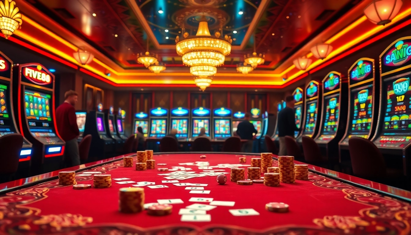 Experience the excitement of FIVE88 with vibrant casino tables filled with chips and cards.