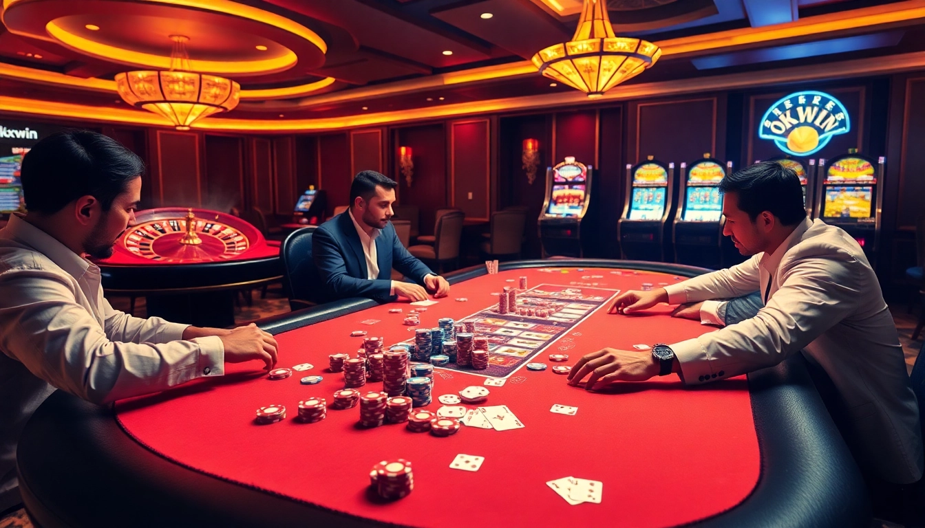 Experience thrilling gameplay at okwin with vibrant poker chips and illuminated slot machines.