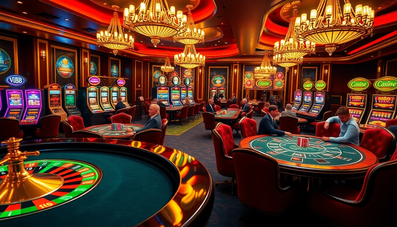 VJ88 casino scene showcasing roulette, poker tables, and vibrant slot machines.