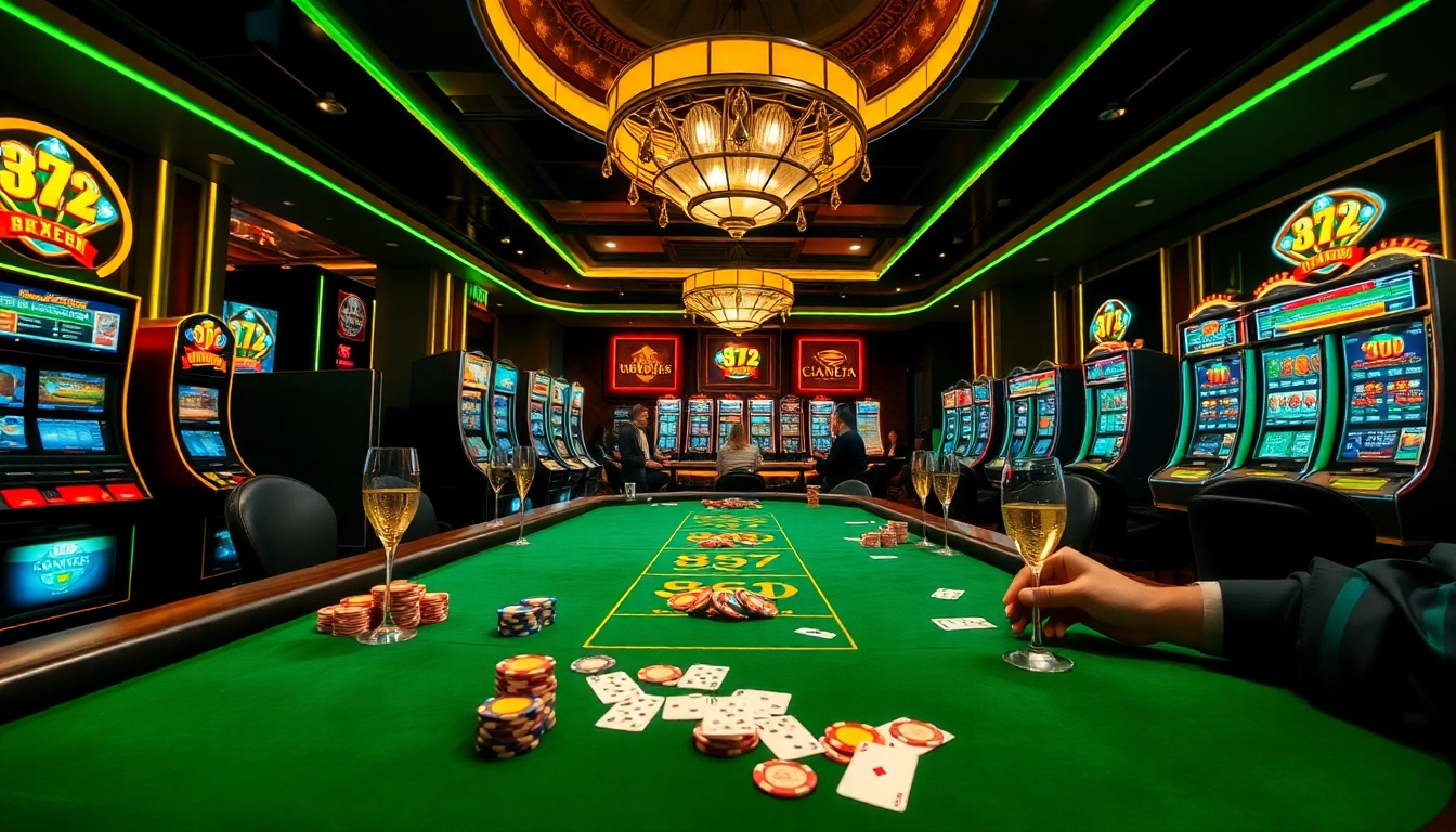 B52-themed casino gaming table with vibrant poker chips and elegant slot machines in action.