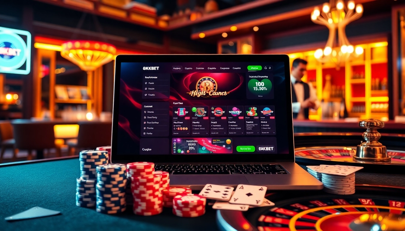 Gamblers engaging with 8KBET online casino interface featuring poker chips and roulette wheel.