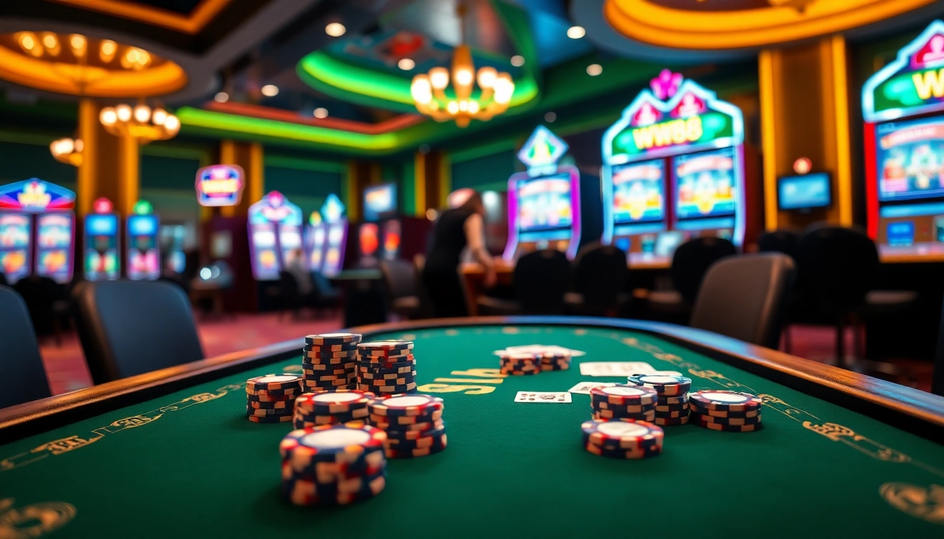 WW88 gaming table with poker cards and chips in an upscale casino atmosphere.