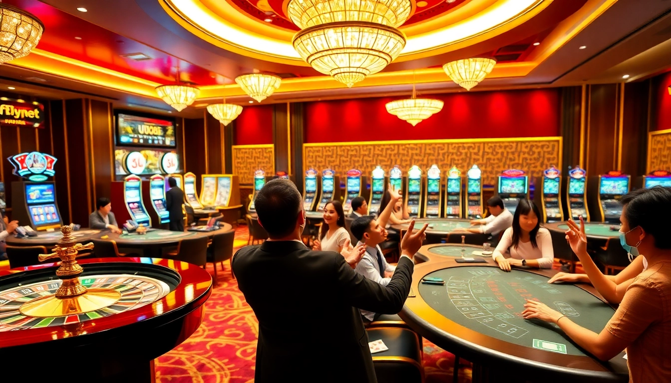 Exciting gameplay at UU88 casino featuring roulette and poker tables in a luxury setting.